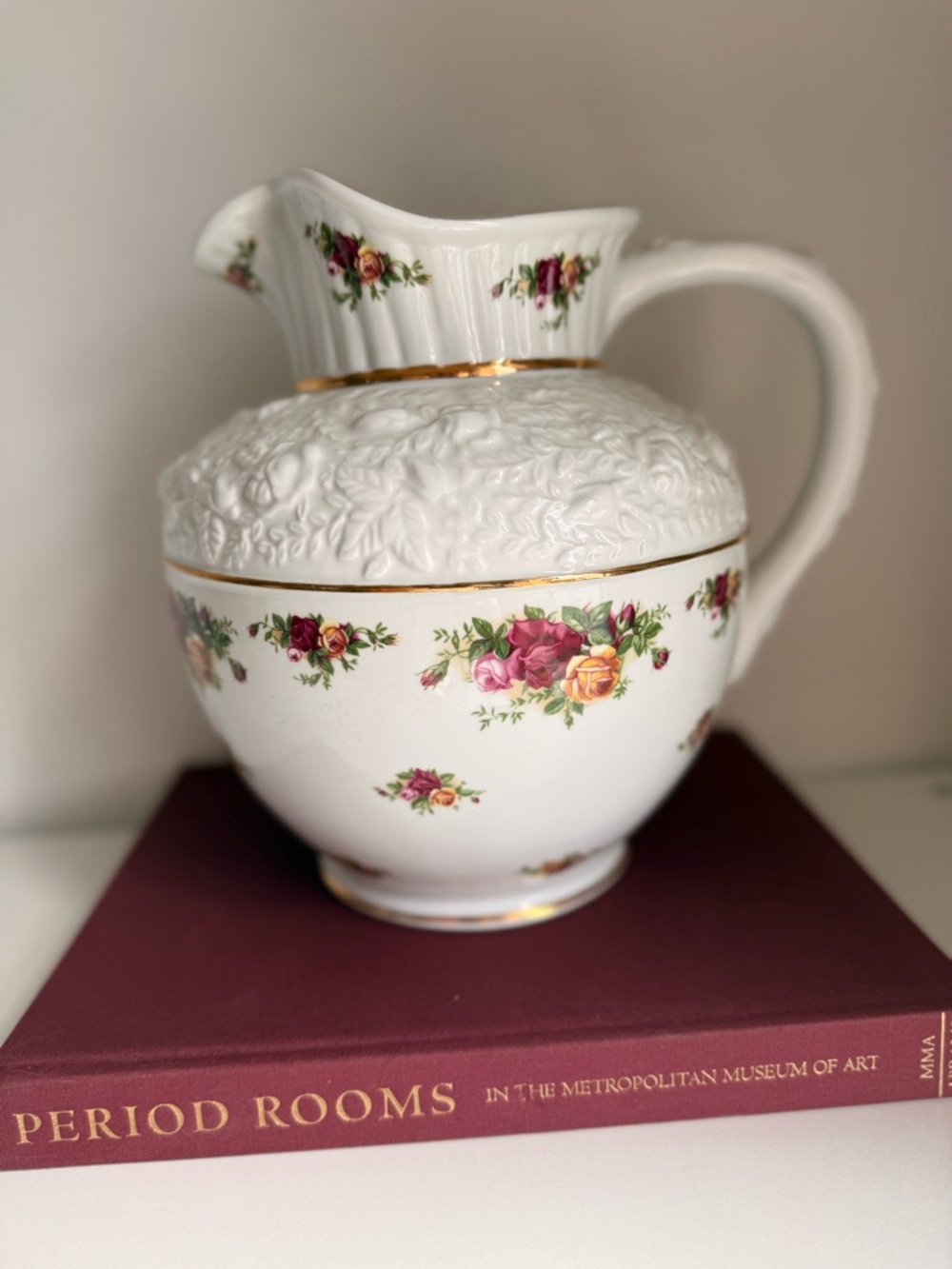 Royal Albert White Porcelain Pitcher with Rose and Gold Accents